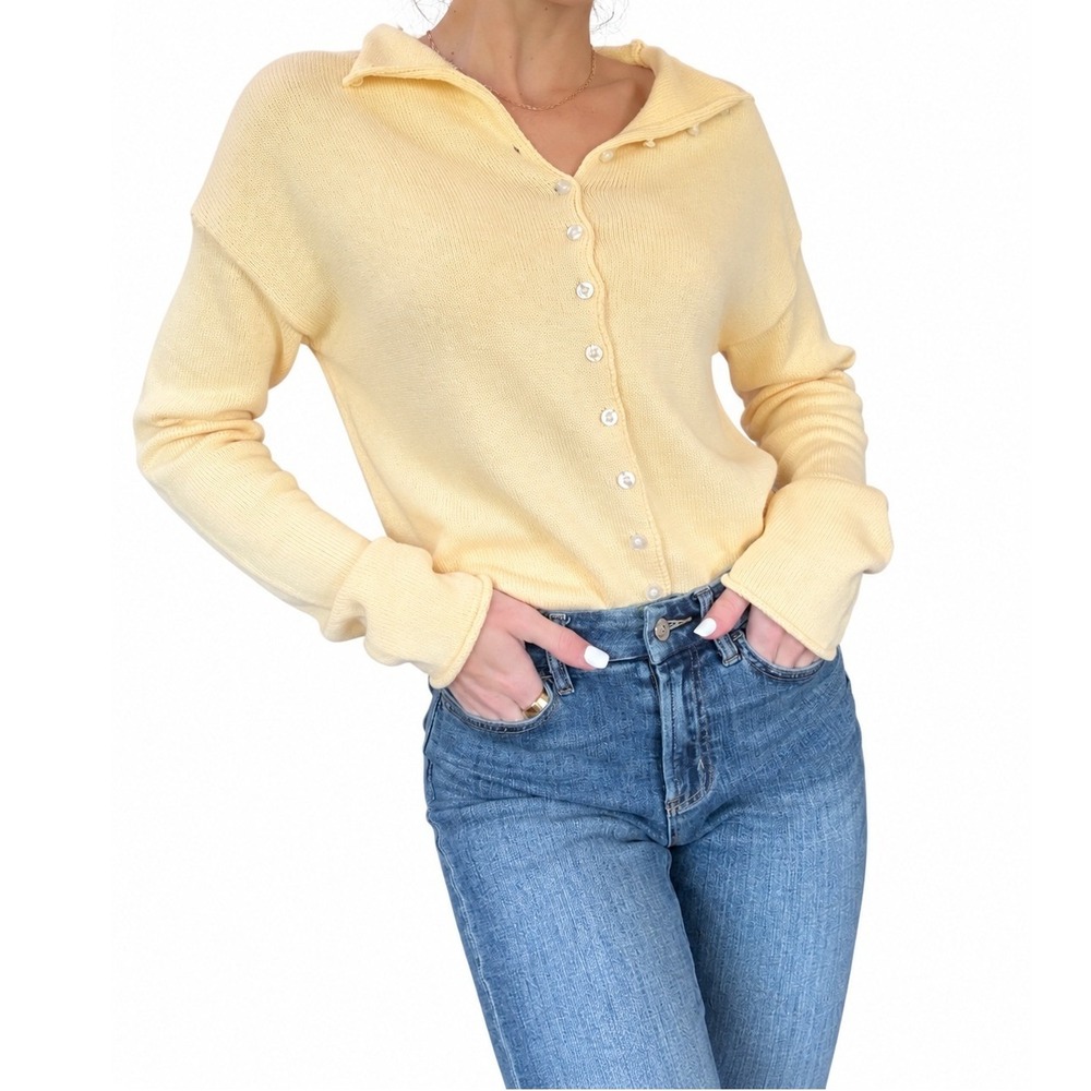 NWT Olivaceous Butter Yellow High Roll Neck Knit Cardigan Sweater